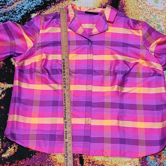 AUTUMN SUNSET 100% SILK PLAID WOMEN'S BUTTON-DOWN TOP BLOUSE EUC 16W 1X - Picture 5 of 10